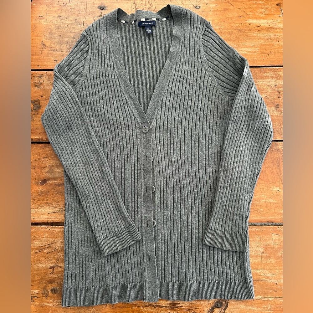 Lands' End Women’s Gray V-Neck Ribbed Cardigan - Size 2X (20W-22W)